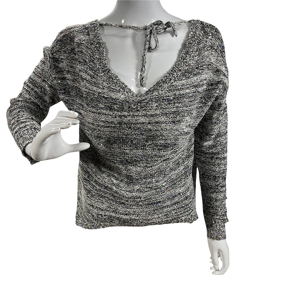 ✨GLITTERY Ladies' V-Neck Cable Knit Sweater L-Sleeve Grey Lg.